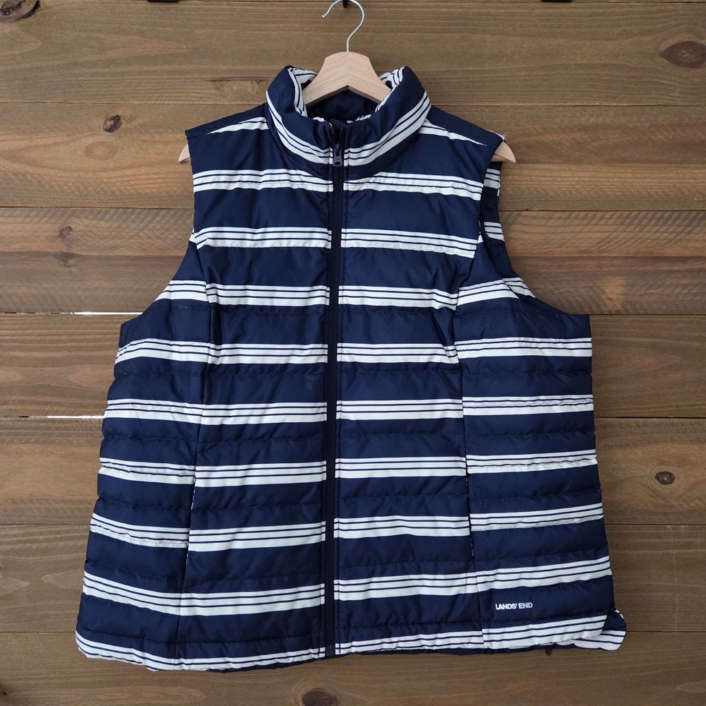 Lands End Puffer Vest Navy Blue White Striped Women 1X 16W-18W